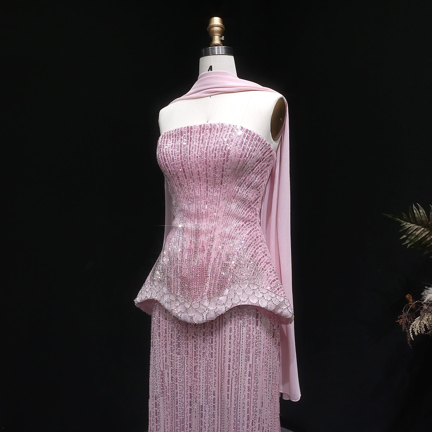 Luxury Purple Strapless Beaded Peplum Mermaid Evening Gown with Draped Scarf SS560 Sheer Fairy