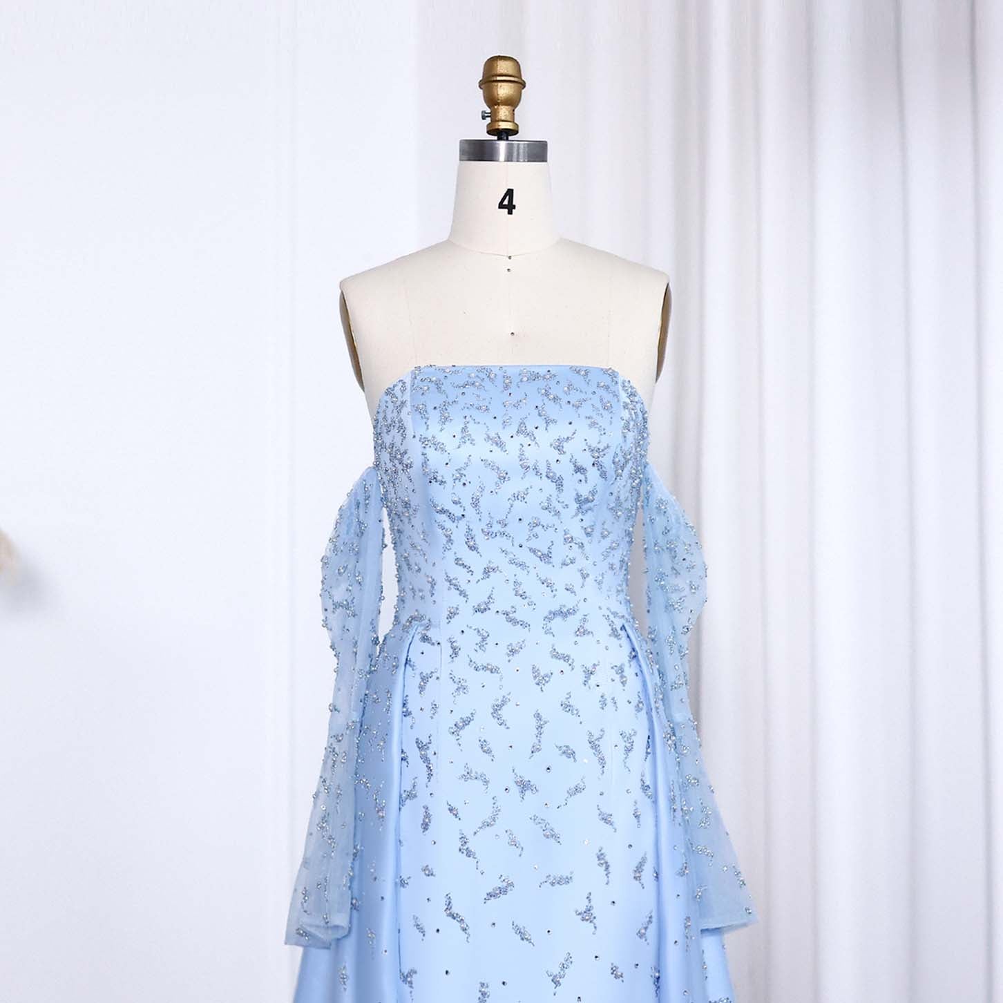 Blue Strapless Mermaid Evening Dress with Detachable Tulle Overlay & Sheer Sleeves SS484 Sheer Fairy