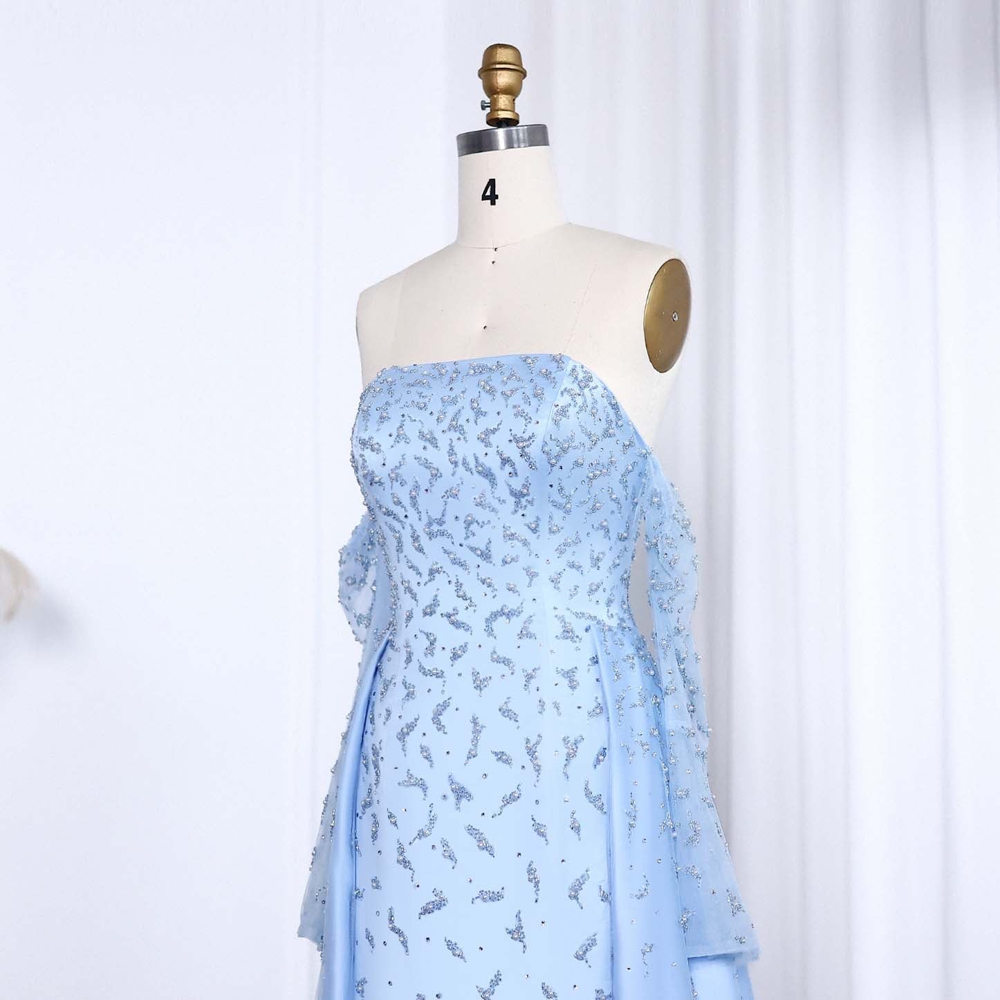 Blue Strapless Mermaid Evening Dress with Detachable Tulle Overlay & Sheer Sleeves SS484 Sheer Fairy