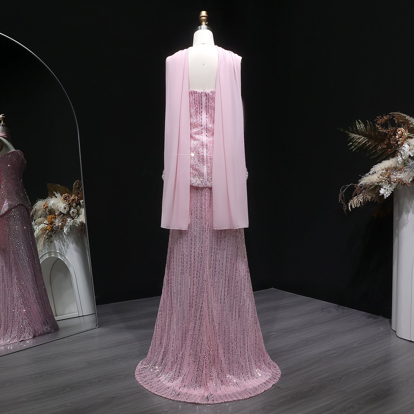 Luxury Purple Strapless Beaded Peplum Mermaid Evening Gown with Draped Scarf SS560 Sheer Fairy