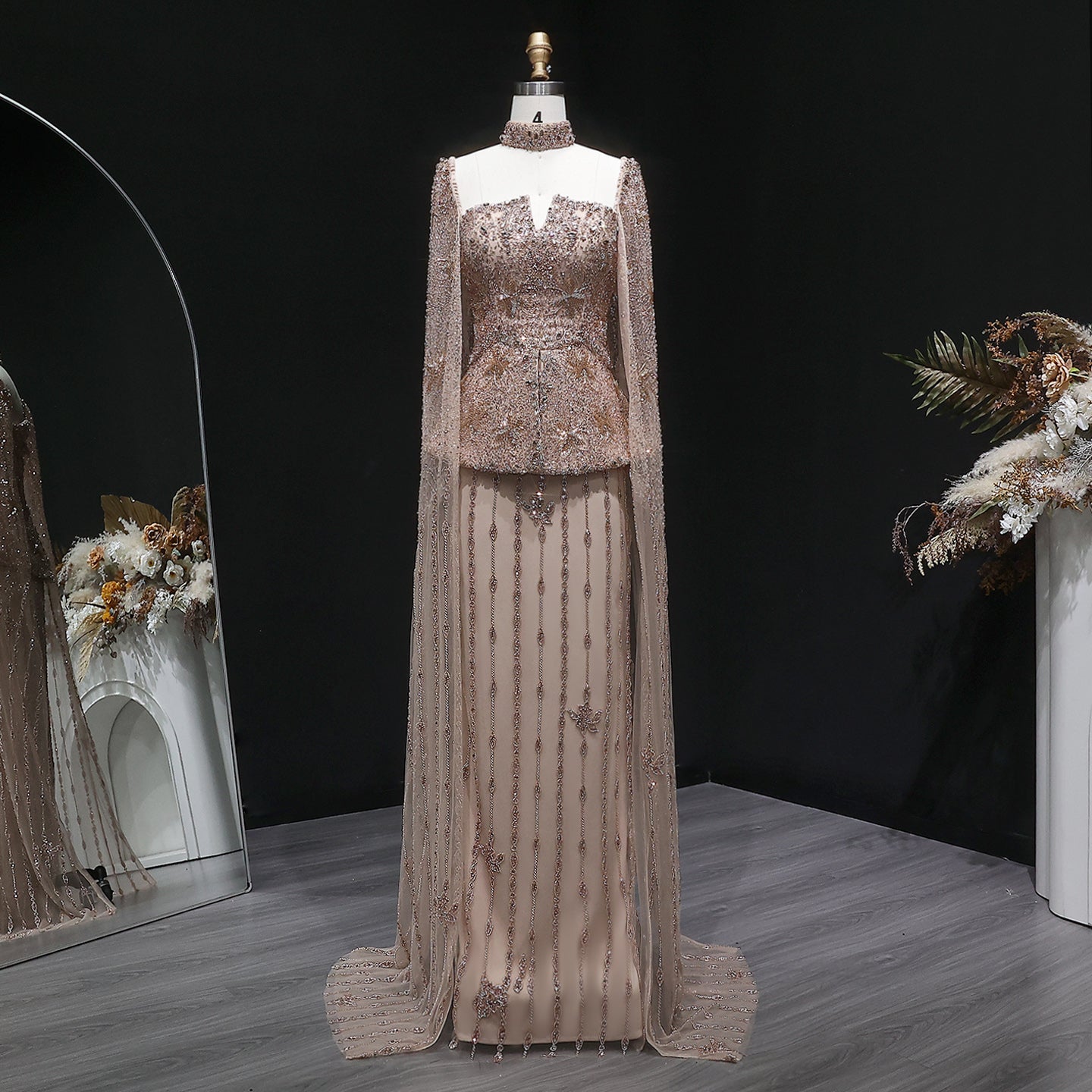 Luxury Silver Crystal Beaded Cape Mermaid Evening Dress Gown with Peplum SS531 Sheer Fairy