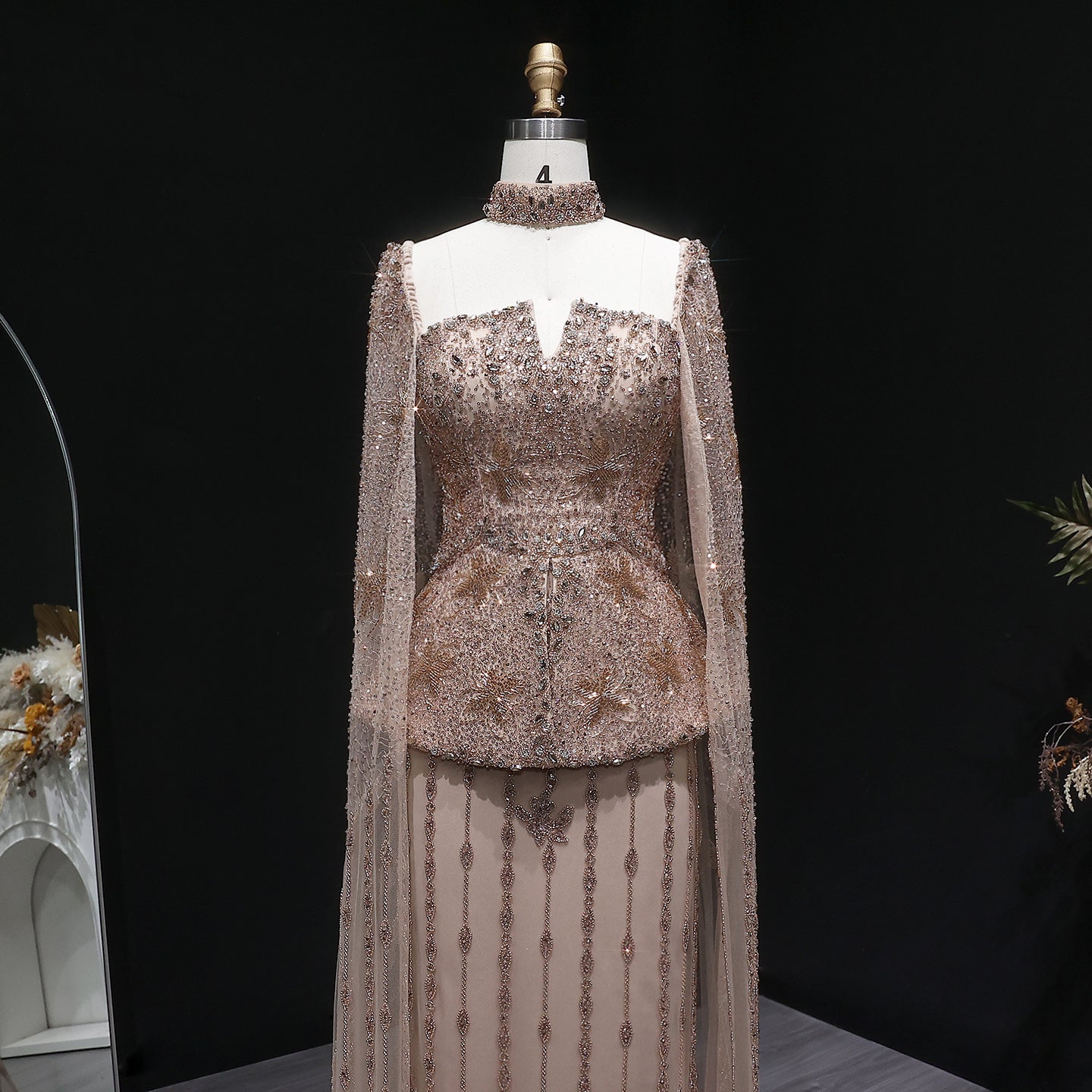 Luxury Silver Crystal Beaded Cape Mermaid Evening Dress Gown with Peplum SS531 Sheer Fairy