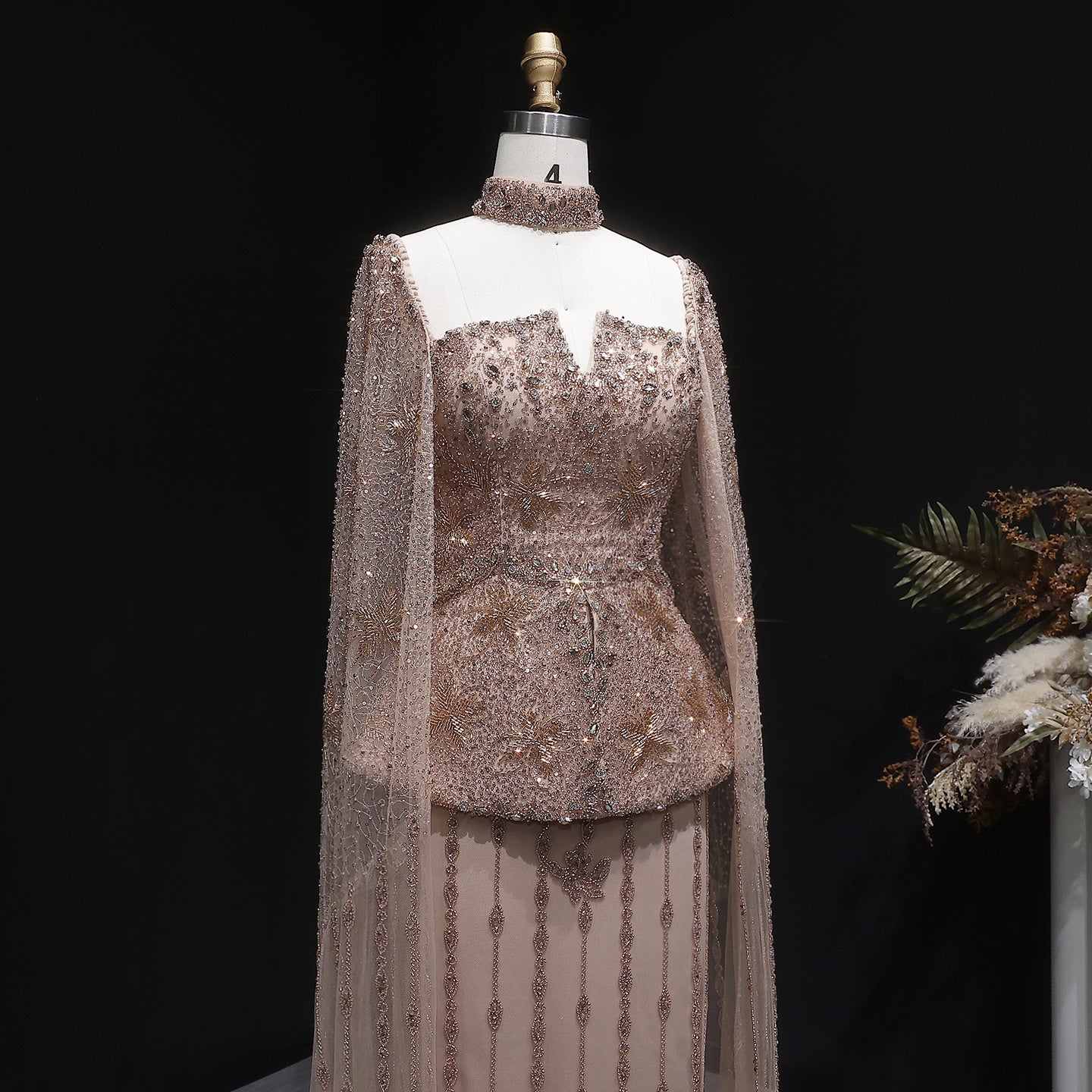 Luxury Silver Crystal Beaded Cape Mermaid Evening Dress Gown with Peplum SS531 Sheer Fairy