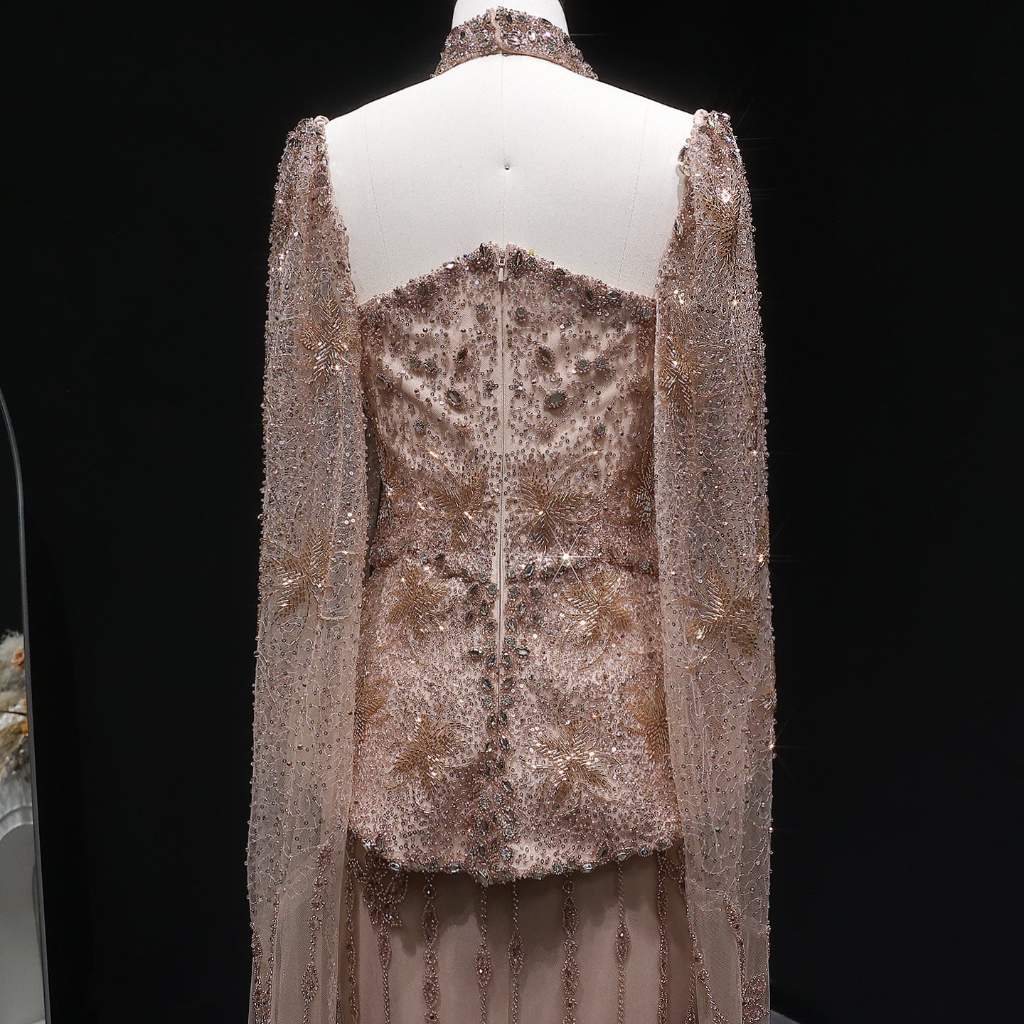 Luxury Silver Crystal Beaded Cape Mermaid Evening Dress Gown with Peplum SS531 Sheer Fairy