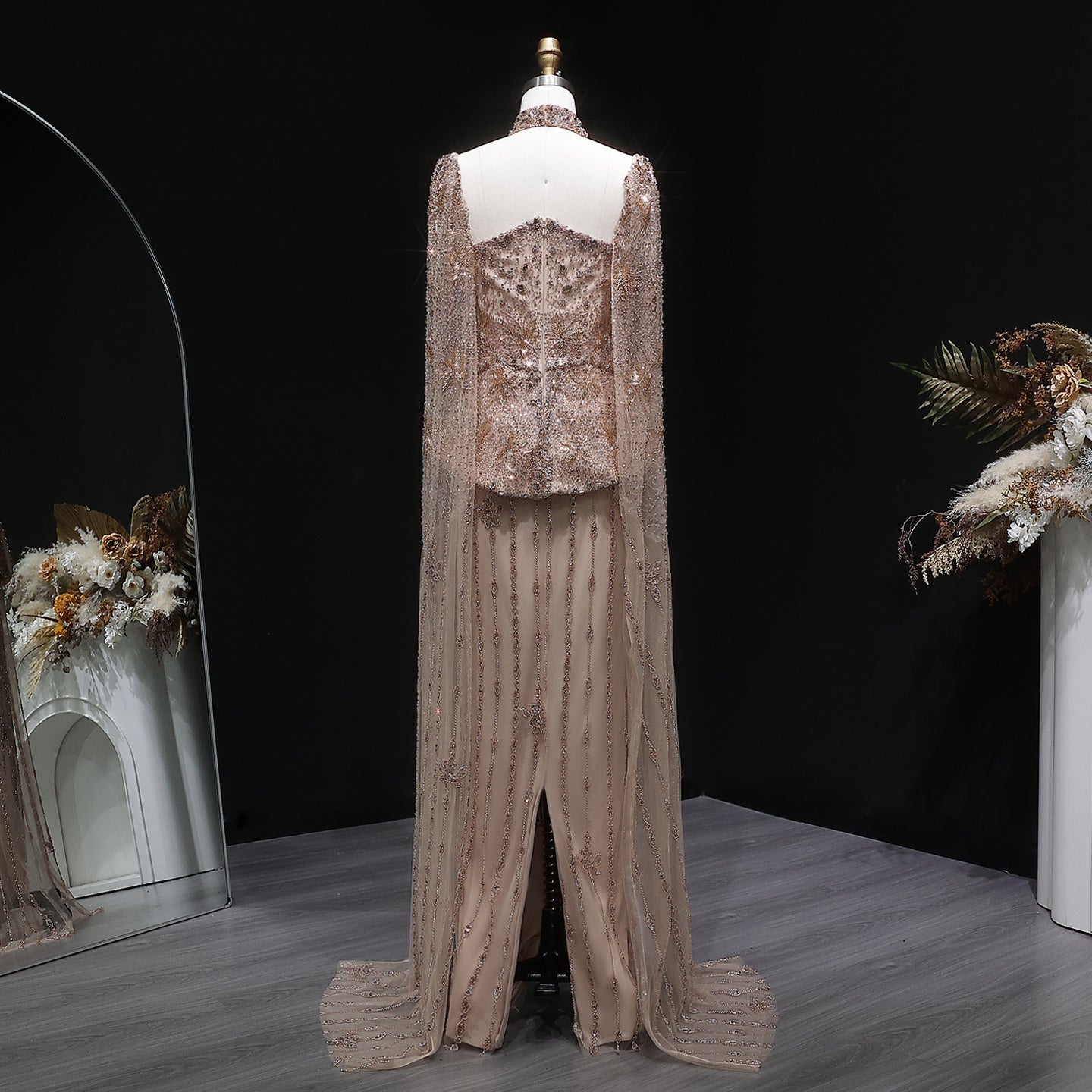 Luxury Silver Crystal Beaded Cape Mermaid Evening Dress Gown with Peplum SS531 Sheer Fairy