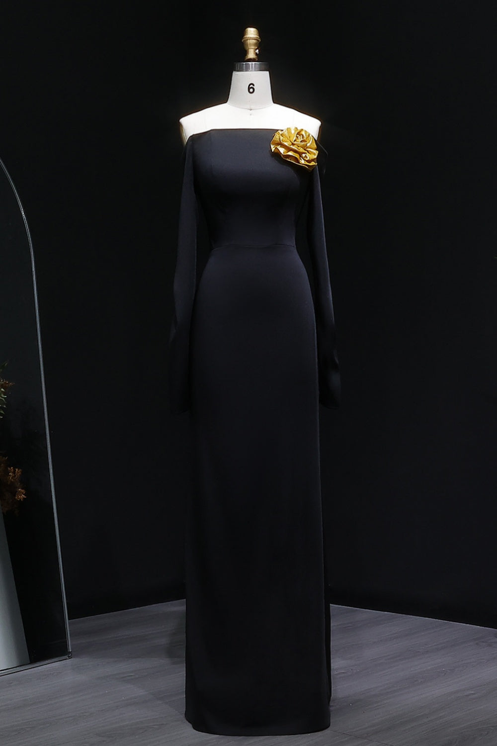 Black Off Shoulder Evening Dress with Gold Flower Accent SF133 Sheer Fairy