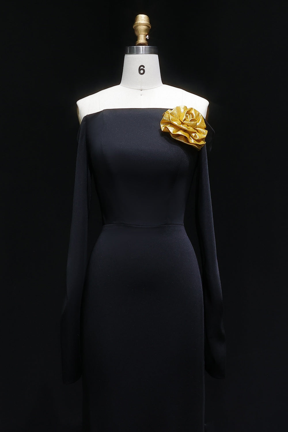 Black Off Shoulder Evening Dress with Gold Flower Accent SF133 Sheer Fairy