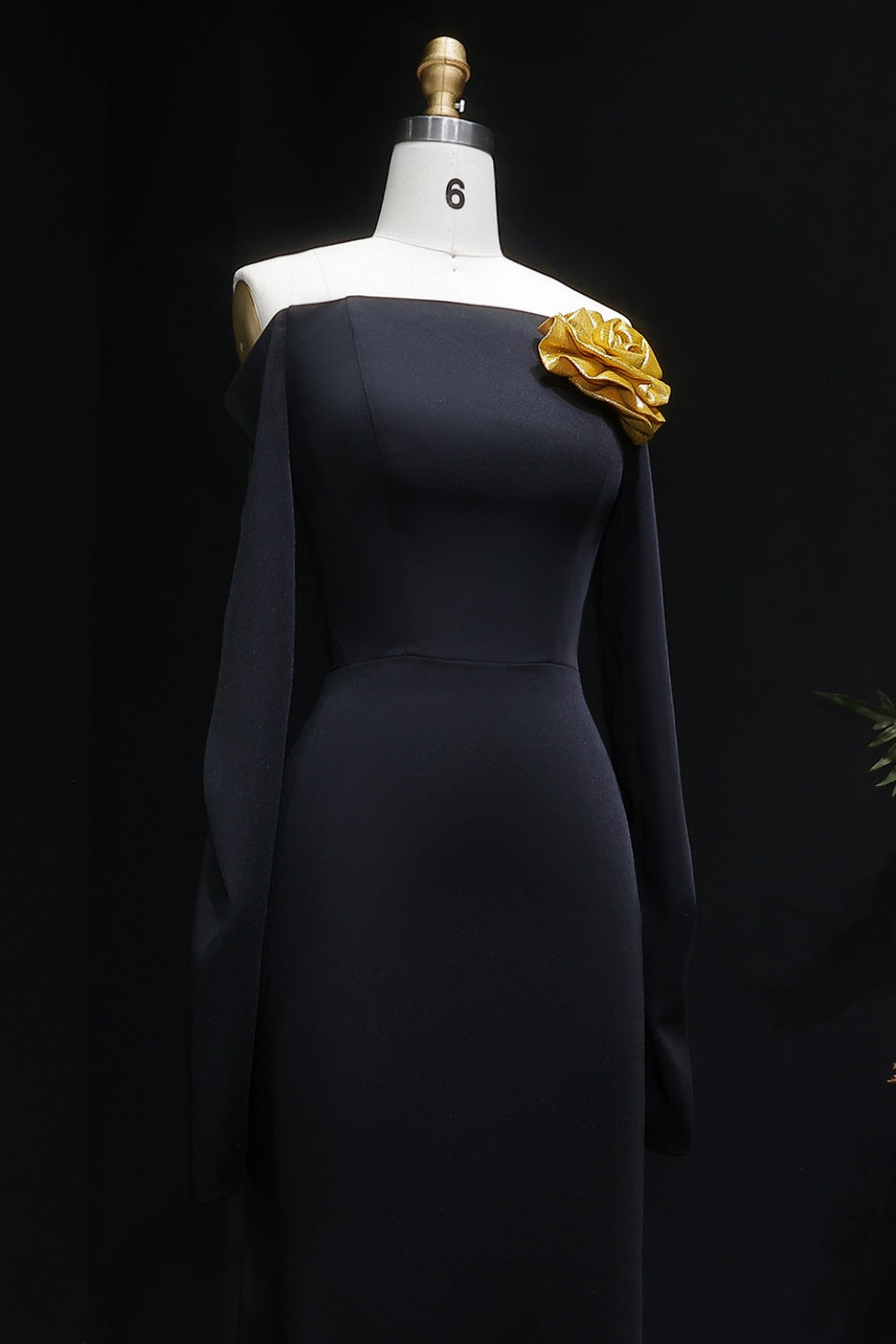 Black Off Shoulder Evening Dress with Gold Flower Accent SF133 Sheer Fairy