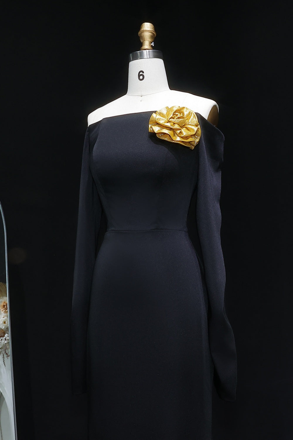 Black Off Shoulder Evening Dress with Gold Flower Accent SF133 Sheer Fairy