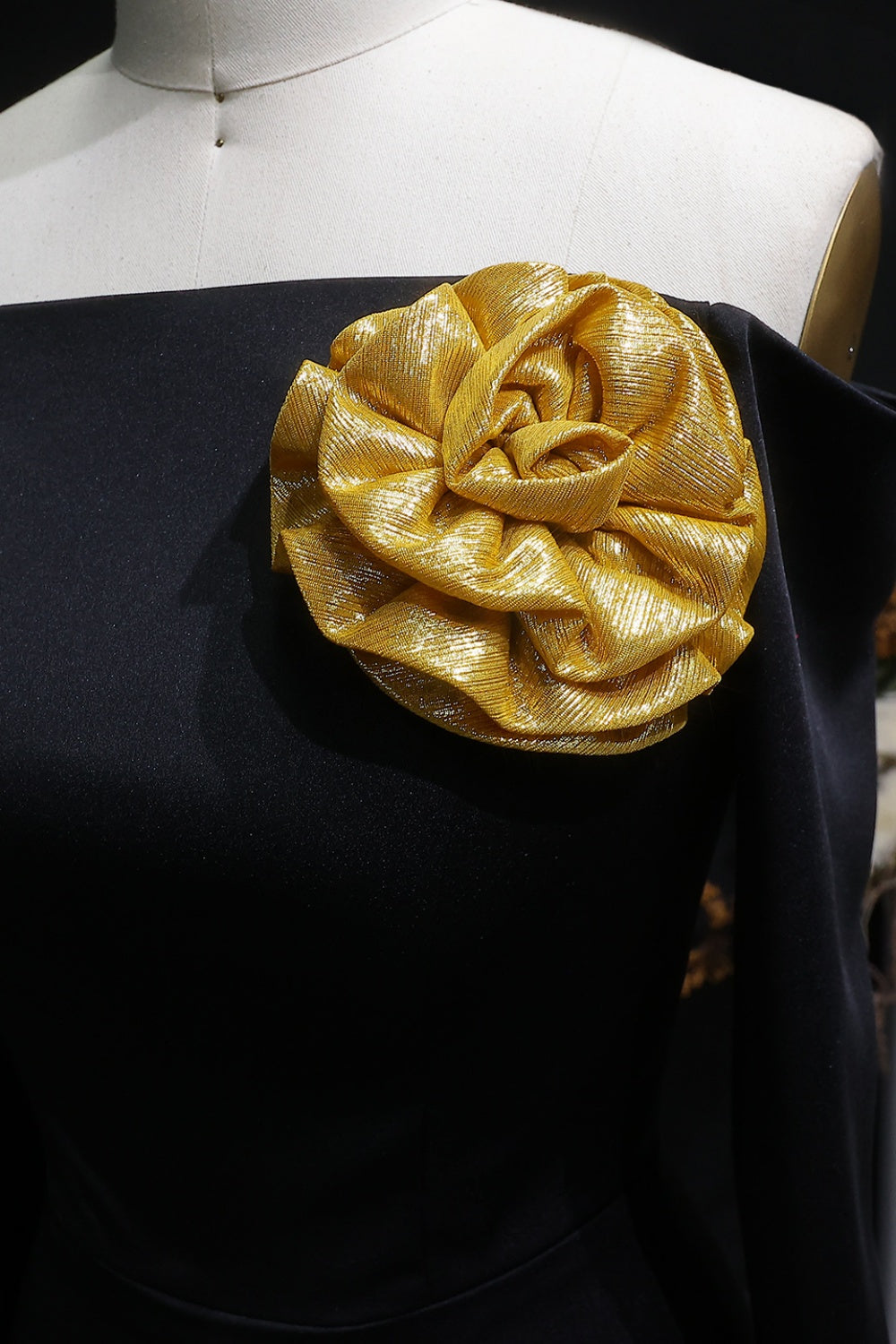 Black Off Shoulder Evening Dress with Gold Flower Accent SF133 Sheer Fairy