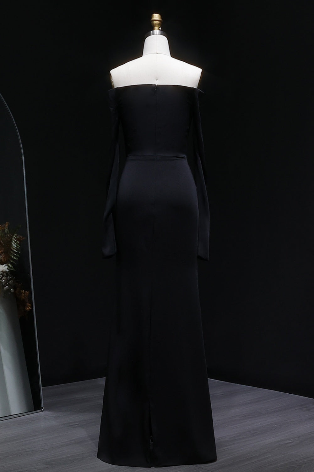 Black Off Shoulder Evening Dress with Gold Flower Accent SF133 Sheer Fairy