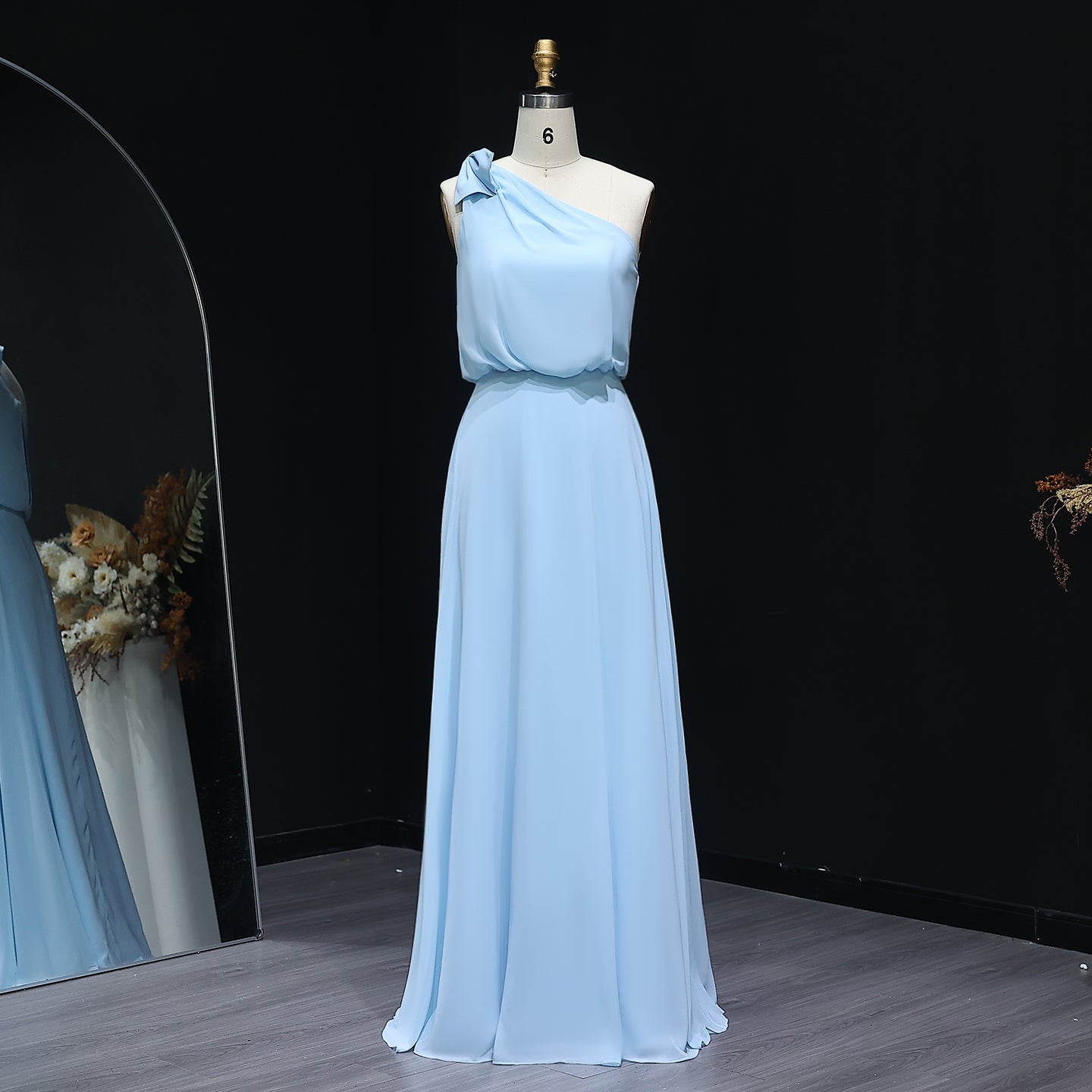 Light Blue One-Shoulder Chiffon A-Line Bow Bridesmaid Dress BS009