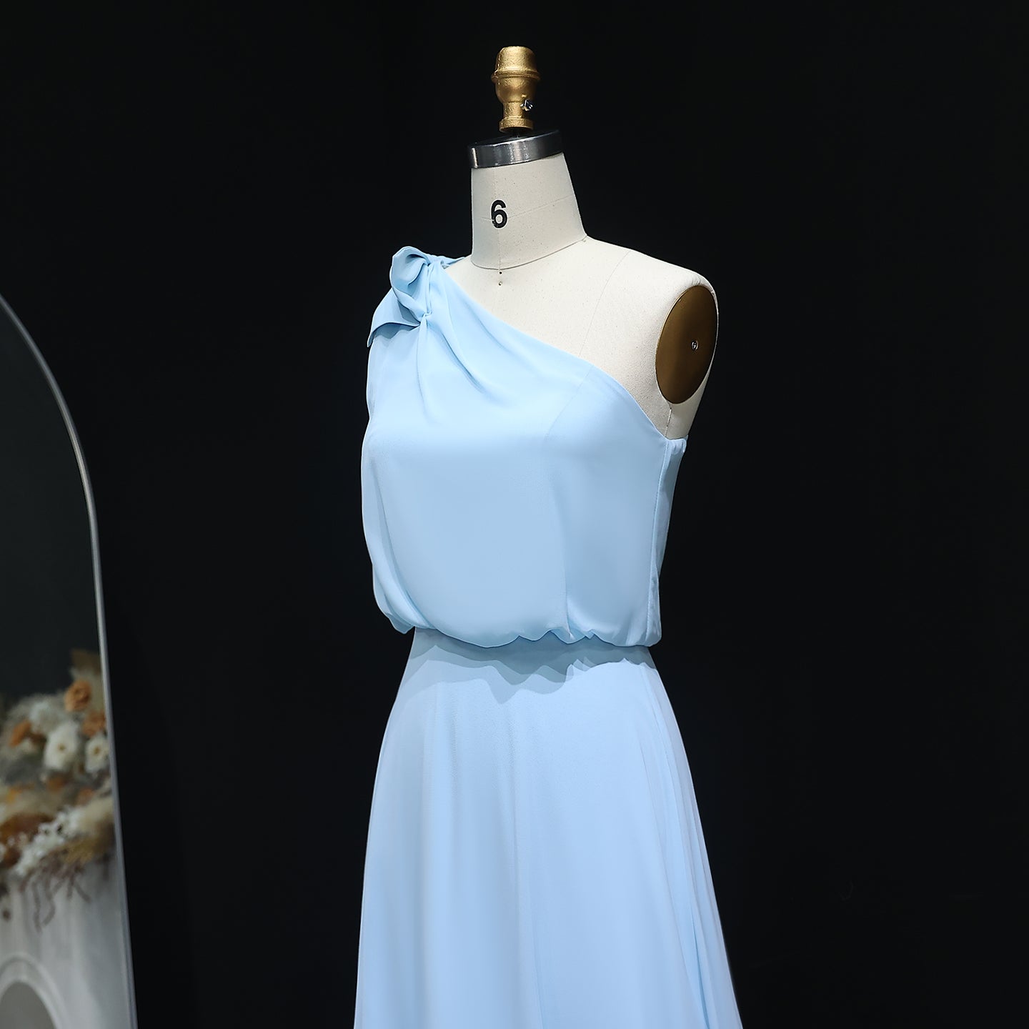 Light Blue One-Shoulder Chiffon A-Line Bow Bridesmaid Dress BS009