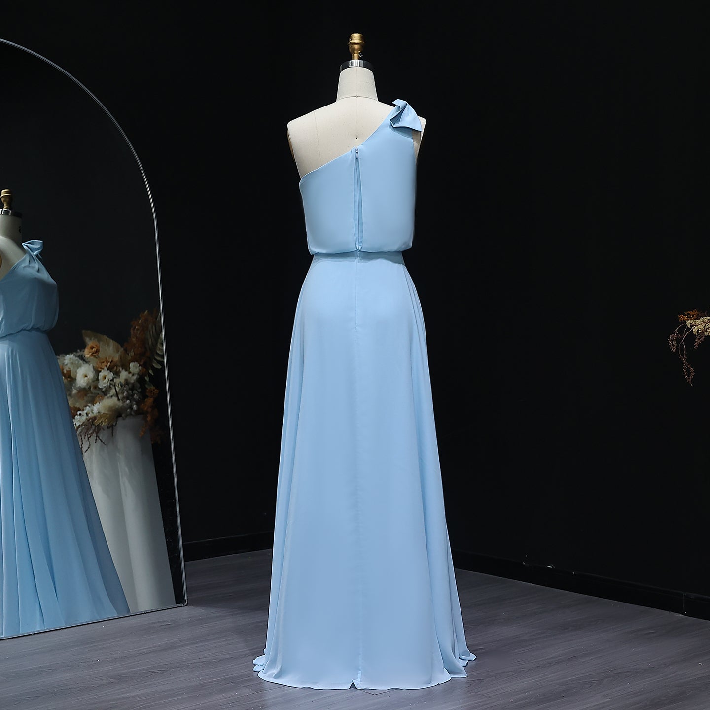 Light Blue One-Shoulder Chiffon A-Line Bow Bridesmaid Dress BS009