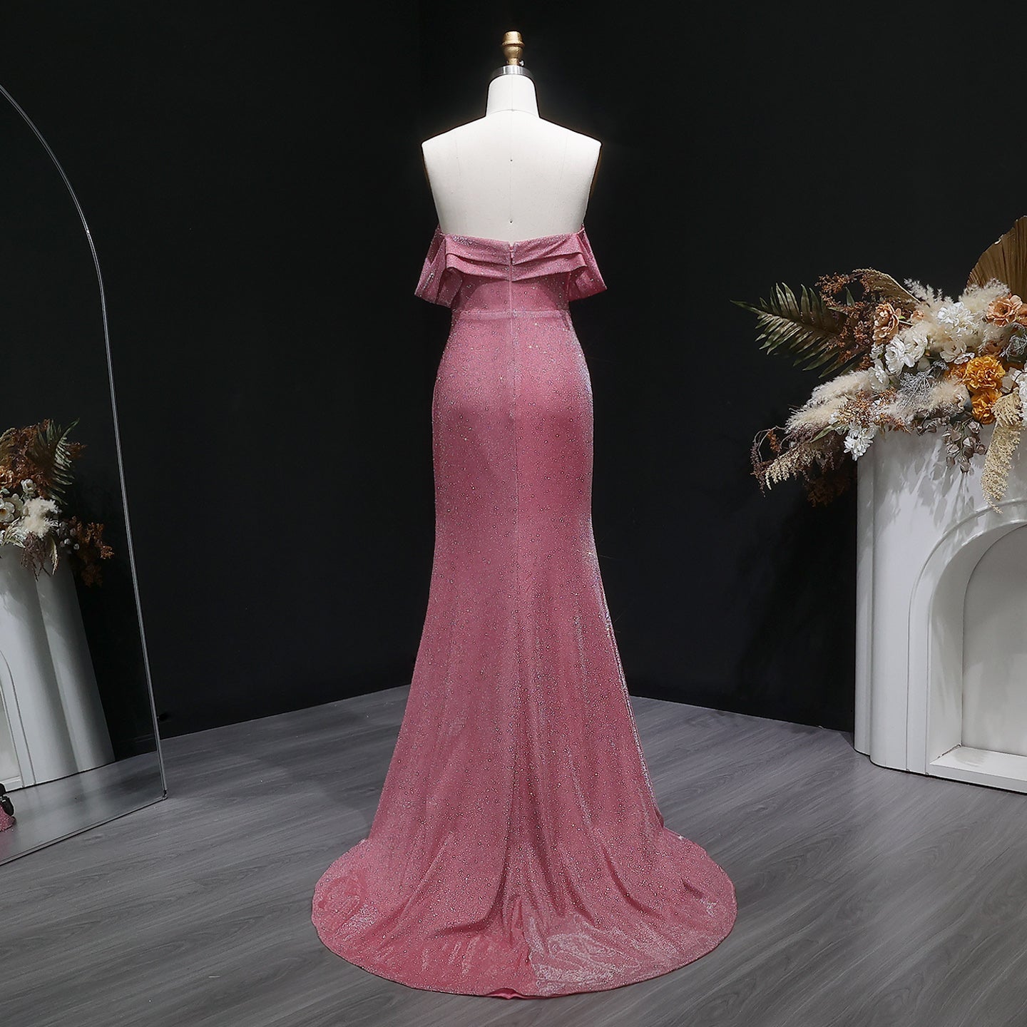 Rose Pink Off The Shoulder Mermaid Prom Dress SH629 Sheer Fairy