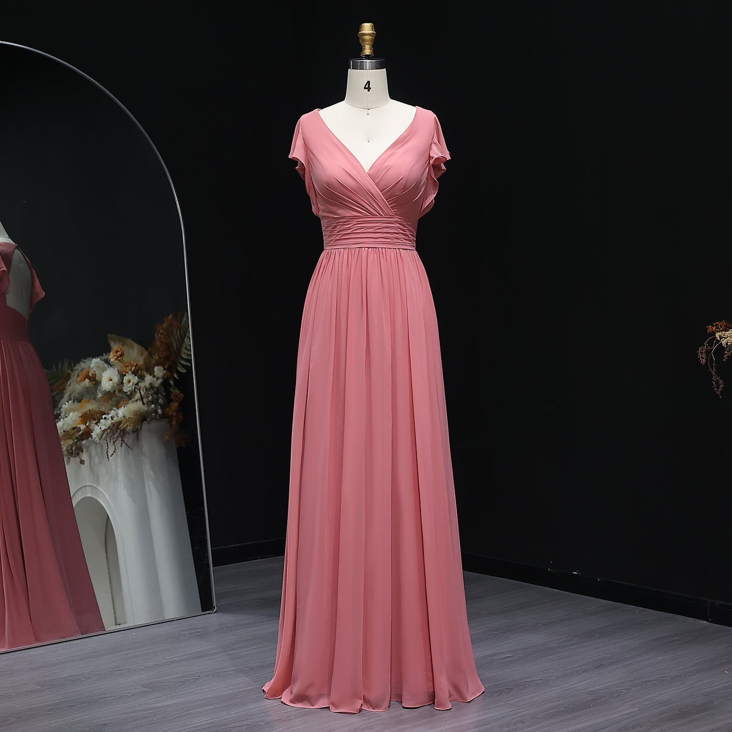 Traditional Blush Pink V-Neck Chiffon A-Line Bridesmaid Dress BS003