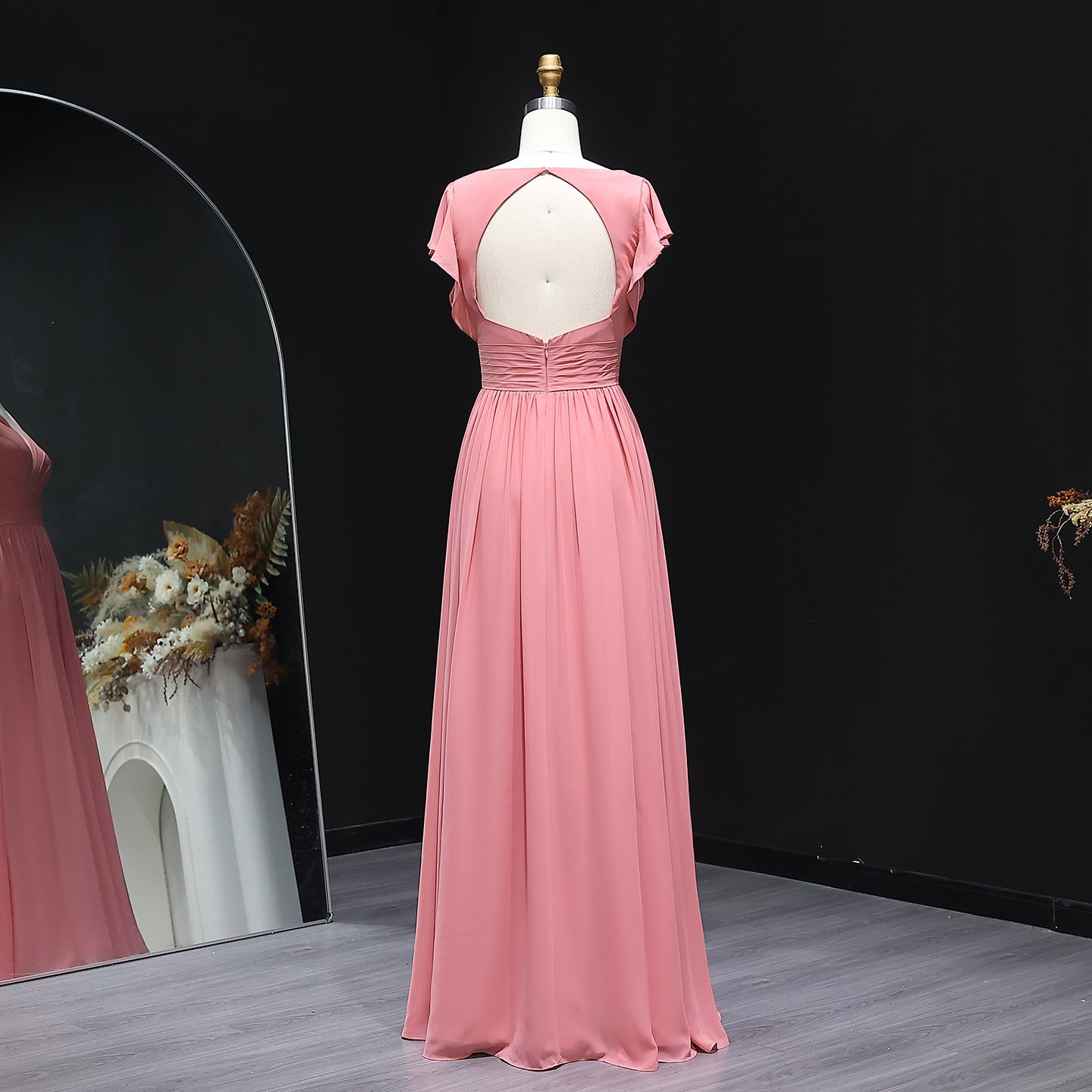 Traditional Blush Pink V-Neck Chiffon A-Line Bridesmaid Dress BS003