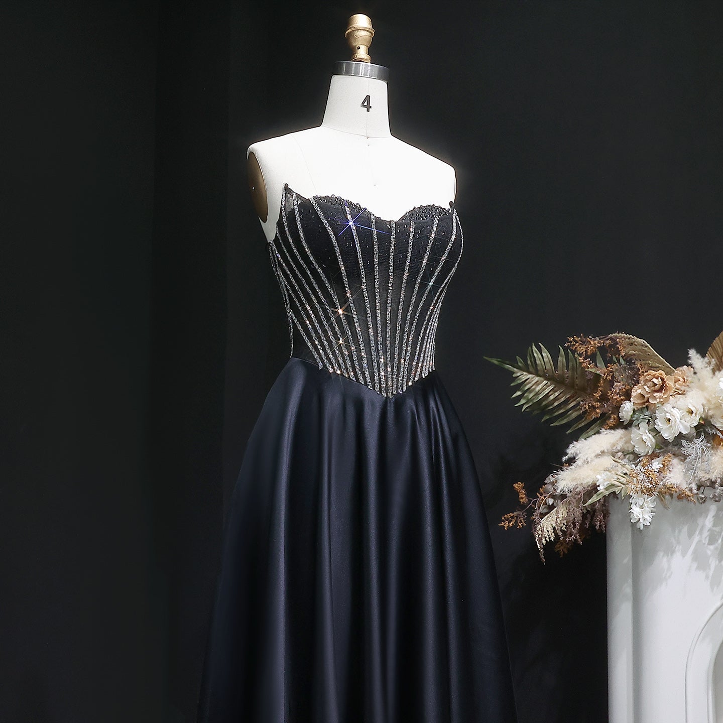 Shiny Beads Sexy Backless Satin Long Black Prom Dress SH632 Sheer Fairy