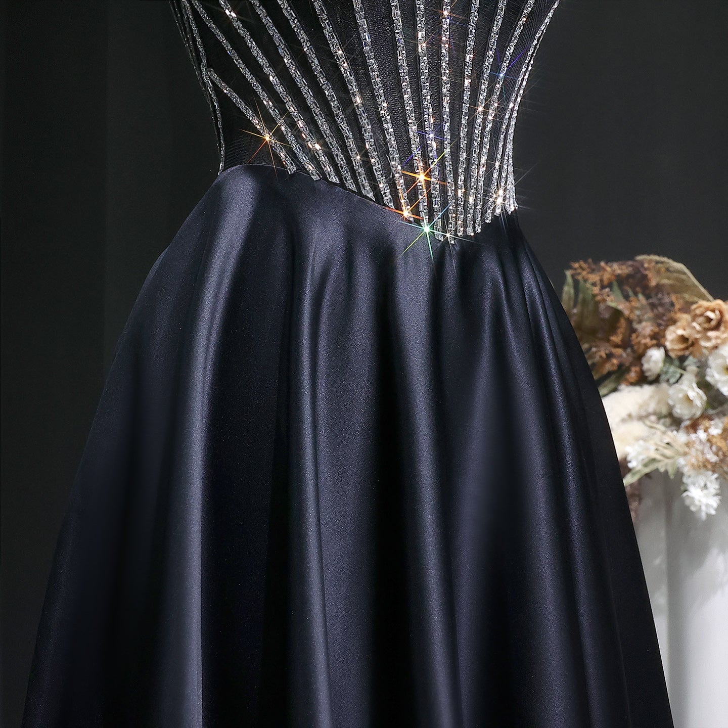Shiny Beads Sexy Backless Satin Long Black Prom Dress SH632 Sheer Fairy