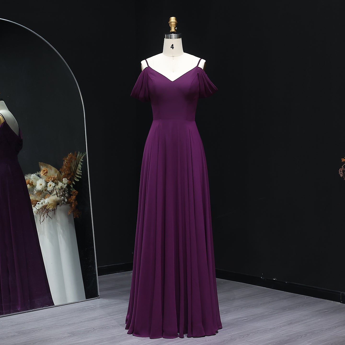 Plum Purple Off-Shoulder Chiffon A-Line Bridesmaid Dress BS004