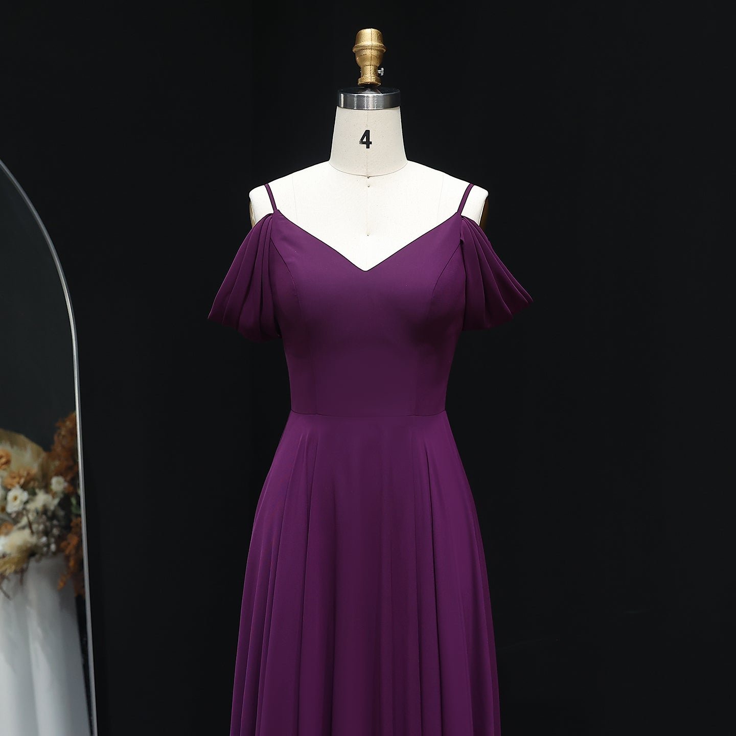 Plum Purple Off-Shoulder Chiffon A-Line Bridesmaid Dress BS004