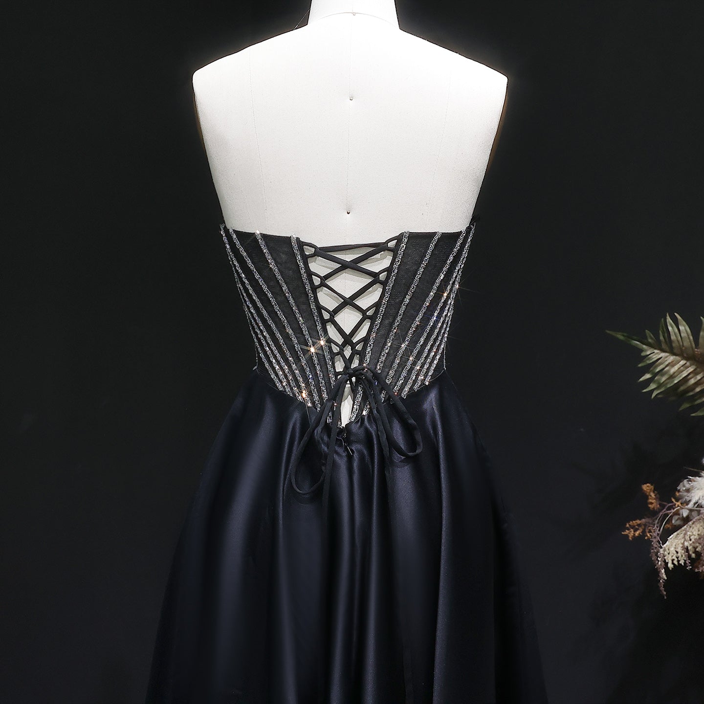 Shiny Beads Sexy Backless Satin Long Black Prom Dress SH632 Sheer Fairy