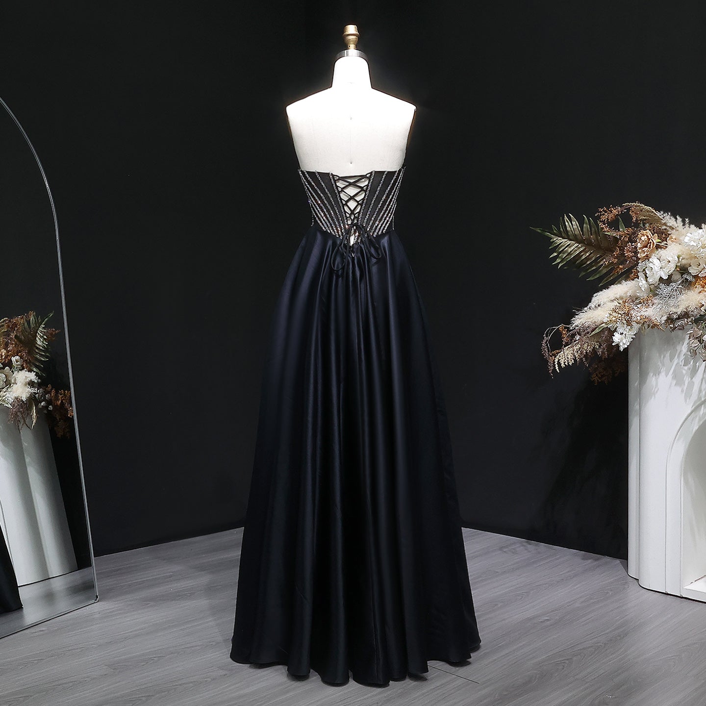 Shiny Beads Sexy Backless Satin Long Black Prom Dress SH632 Sheer Fairy