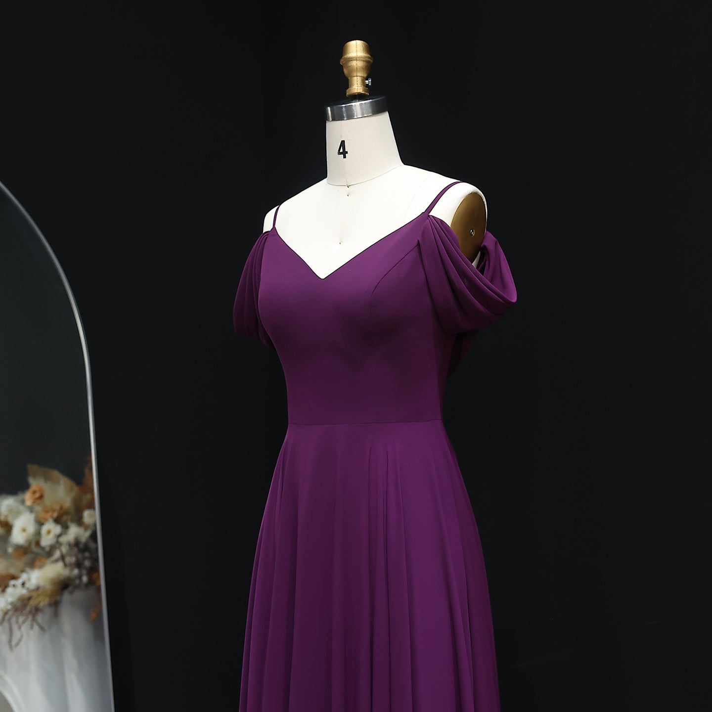 Plum Purple Off-Shoulder Chiffon A-Line Bridesmaid Dress BS004