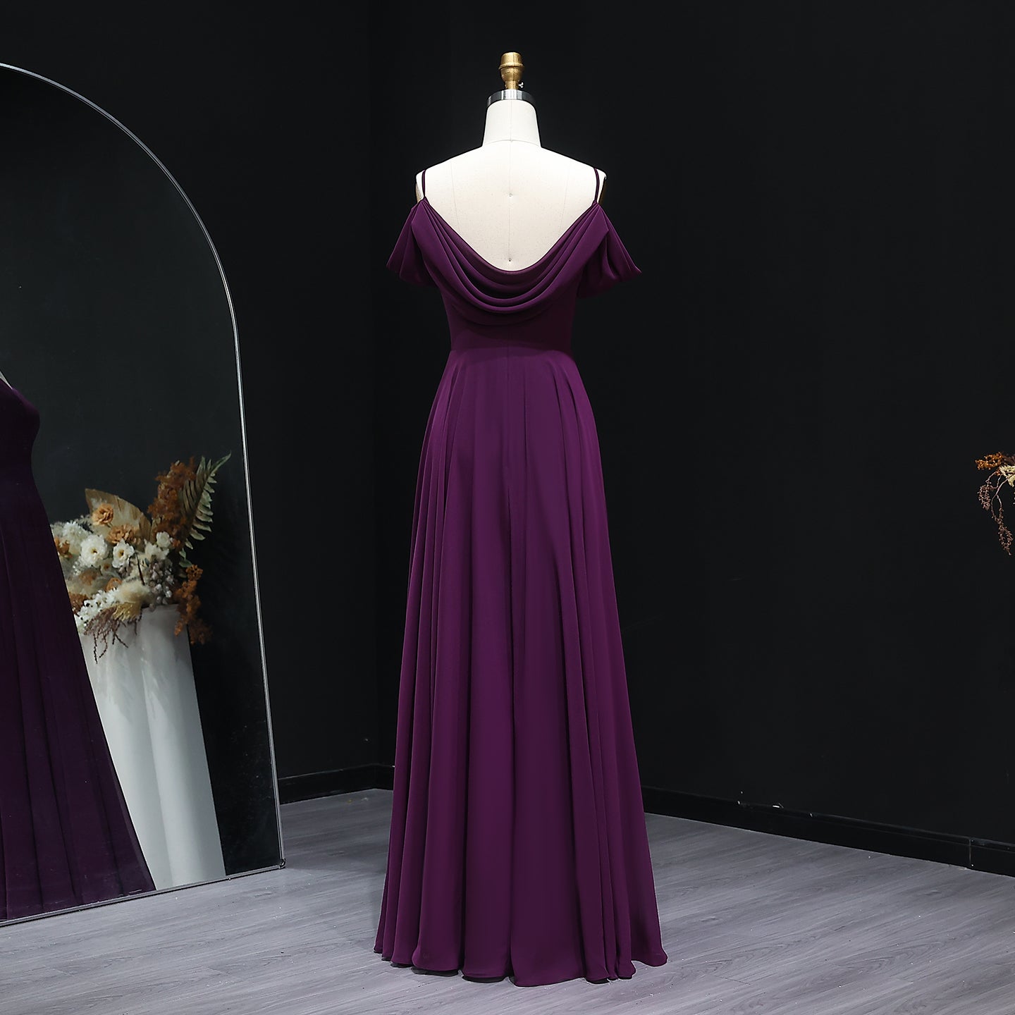 Plum Purple Off-Shoulder Chiffon A-Line Bridesmaid Dress BS004