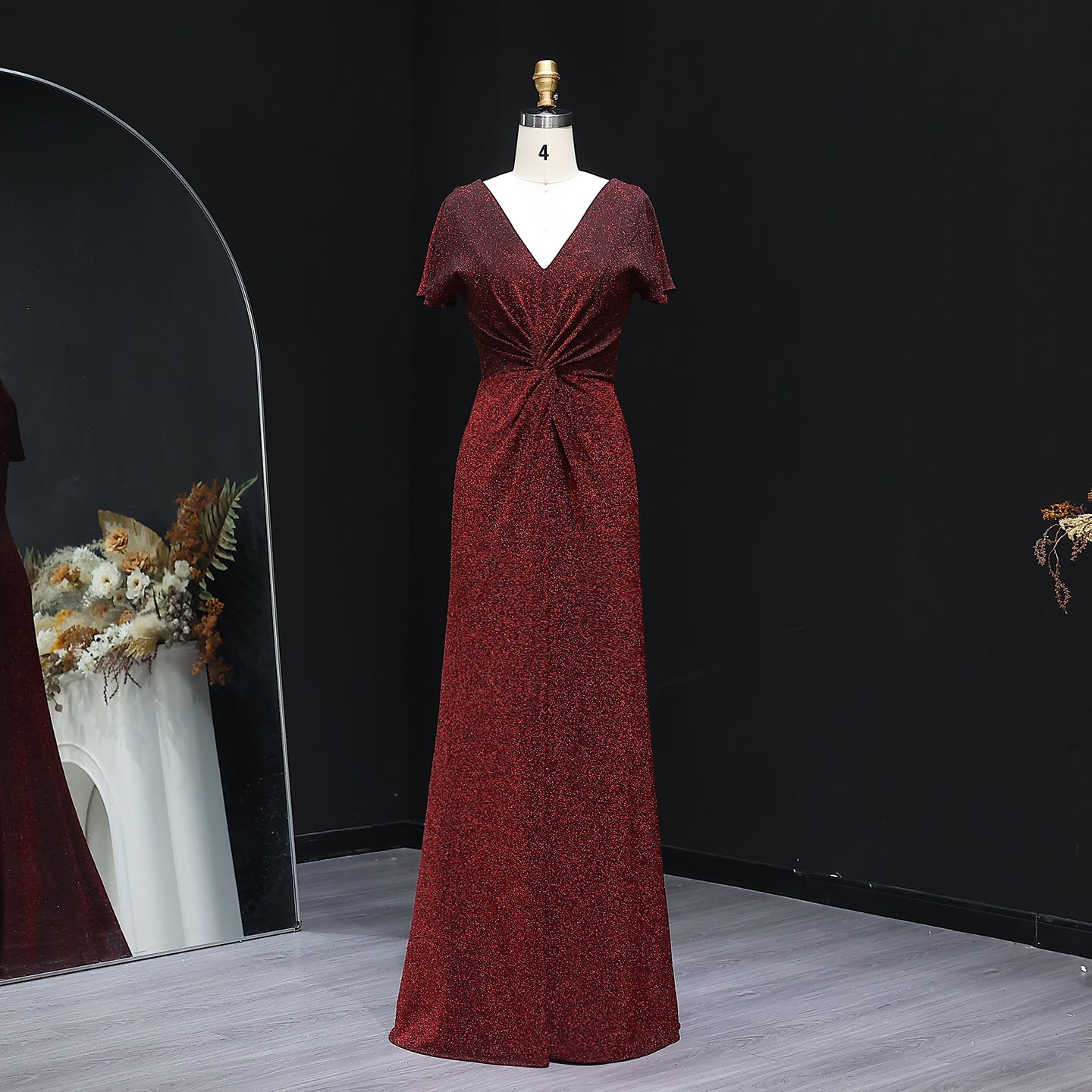 Elegant Burgundy Glitter V-Neck A-Line Bridesmaid Dress BS006