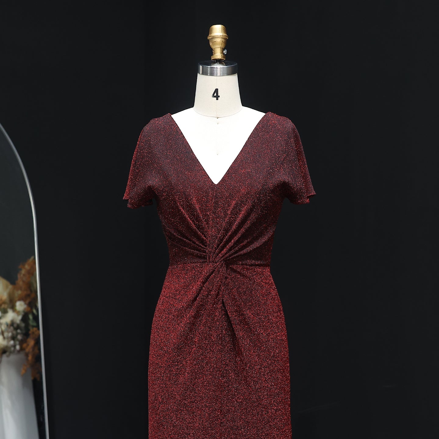 Elegant Burgundy Glitter V-Neck A-Line Bridesmaid Dress BS006
