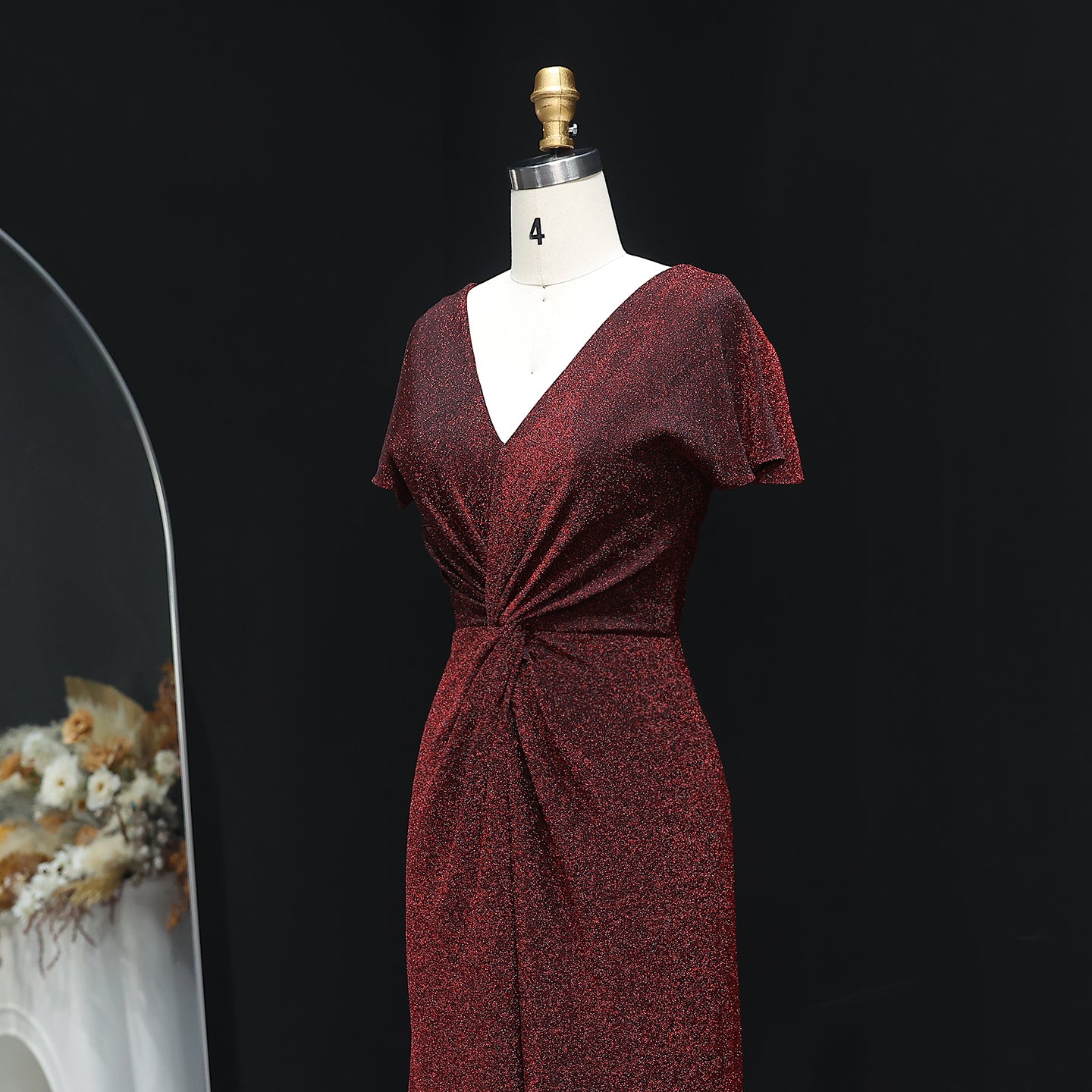 Elegant Burgundy Glitter V-Neck A-Line Bridesmaid Dress BS006