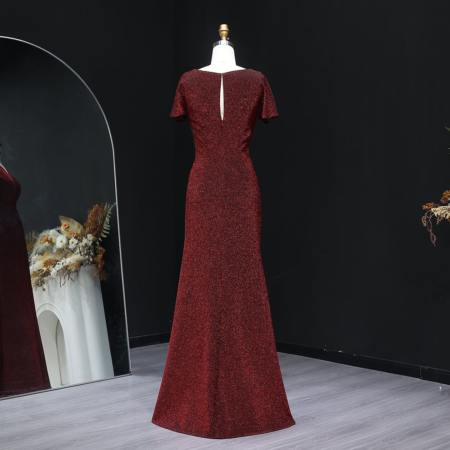 Elegant Burgundy Glitter V-Neck A-Line Bridesmaid Dress BS006