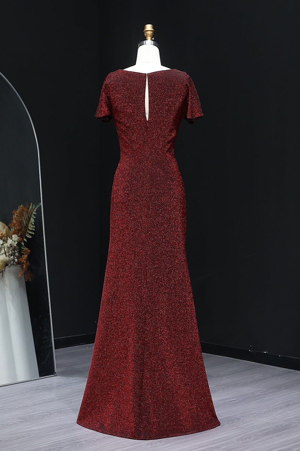Elegant Burgundy Glitter V-Neck A-Line Bridesmaid Dress BS006