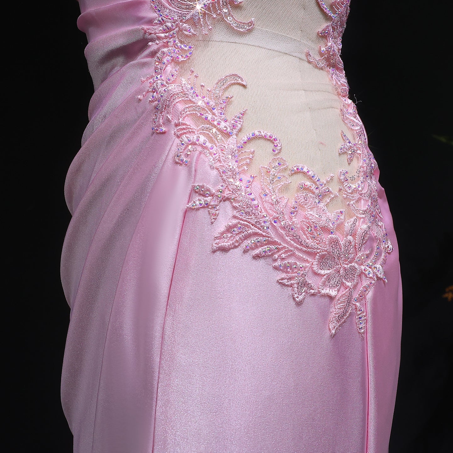 Long Mermaid Sexy Backless Pink Satin Prom Dress SH630 Sheer Fairy