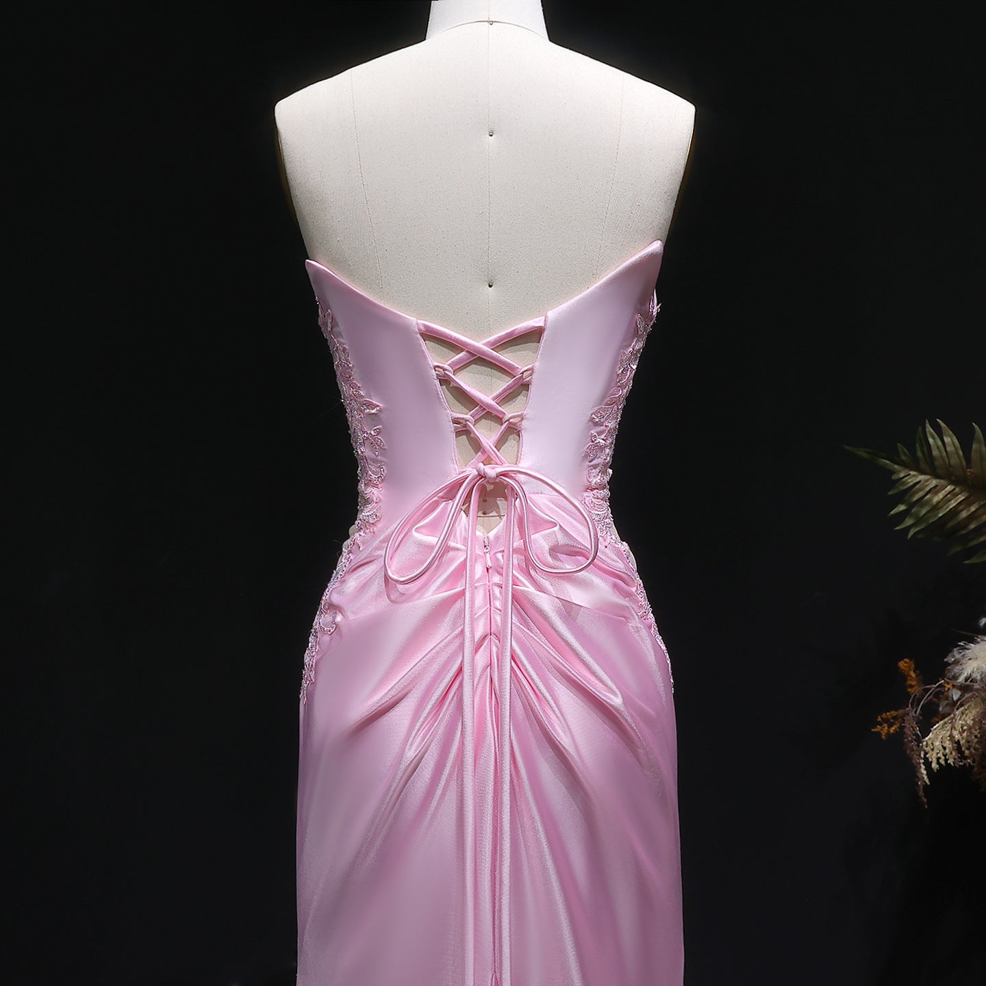 Long Mermaid Sexy Backless Pink Satin Prom Dress SH630 Sheer Fairy