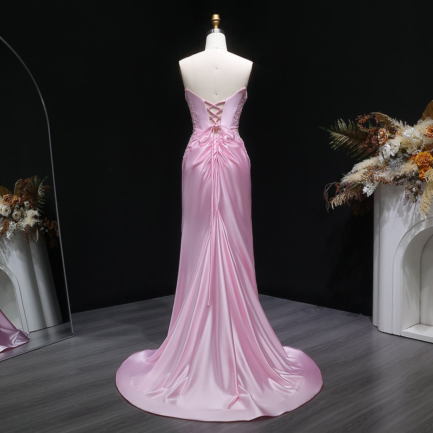 Long Mermaid Sexy Backless Pink Satin Prom Dress SH630 Sheer Fairy