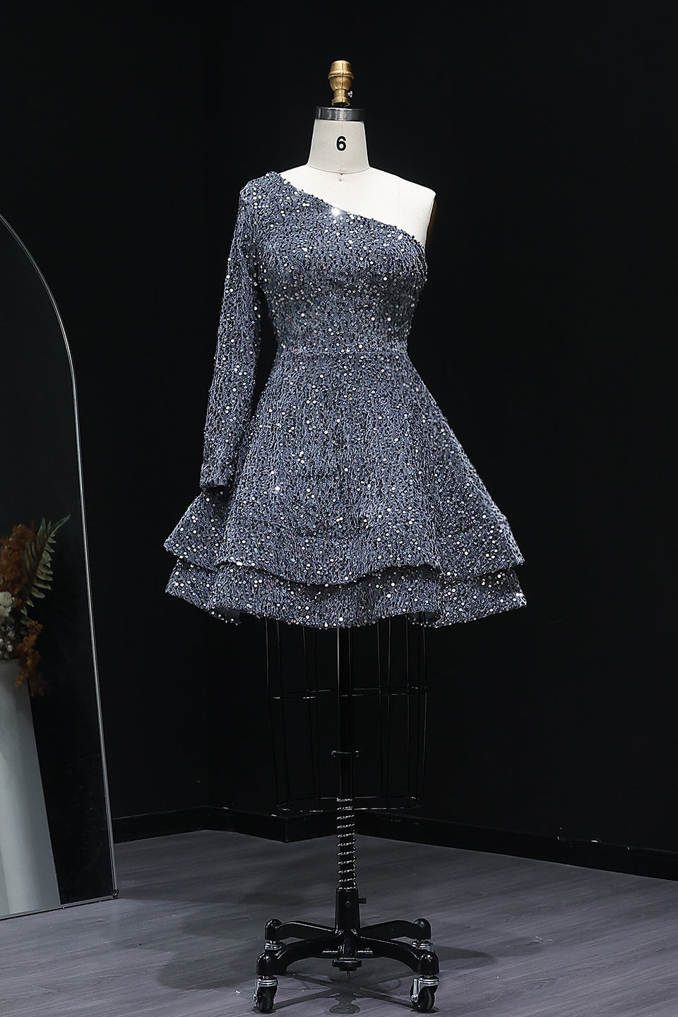 Sequined One-Shoulder Long Sleeve Tiered Homecoming Dress RM106