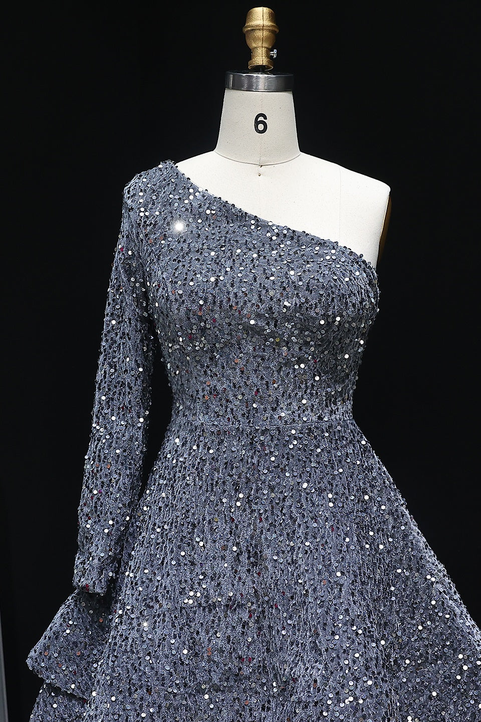 Sequined One-Shoulder Long Sleeve Tiered Homecoming Dress RM106