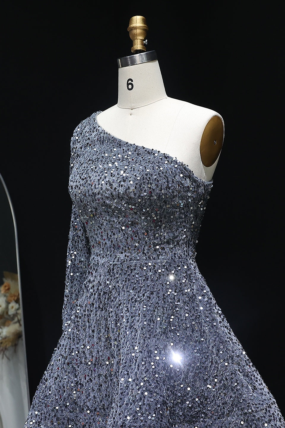 Sequined One-Shoulder Long Sleeve Tiered Homecoming Dress RM106