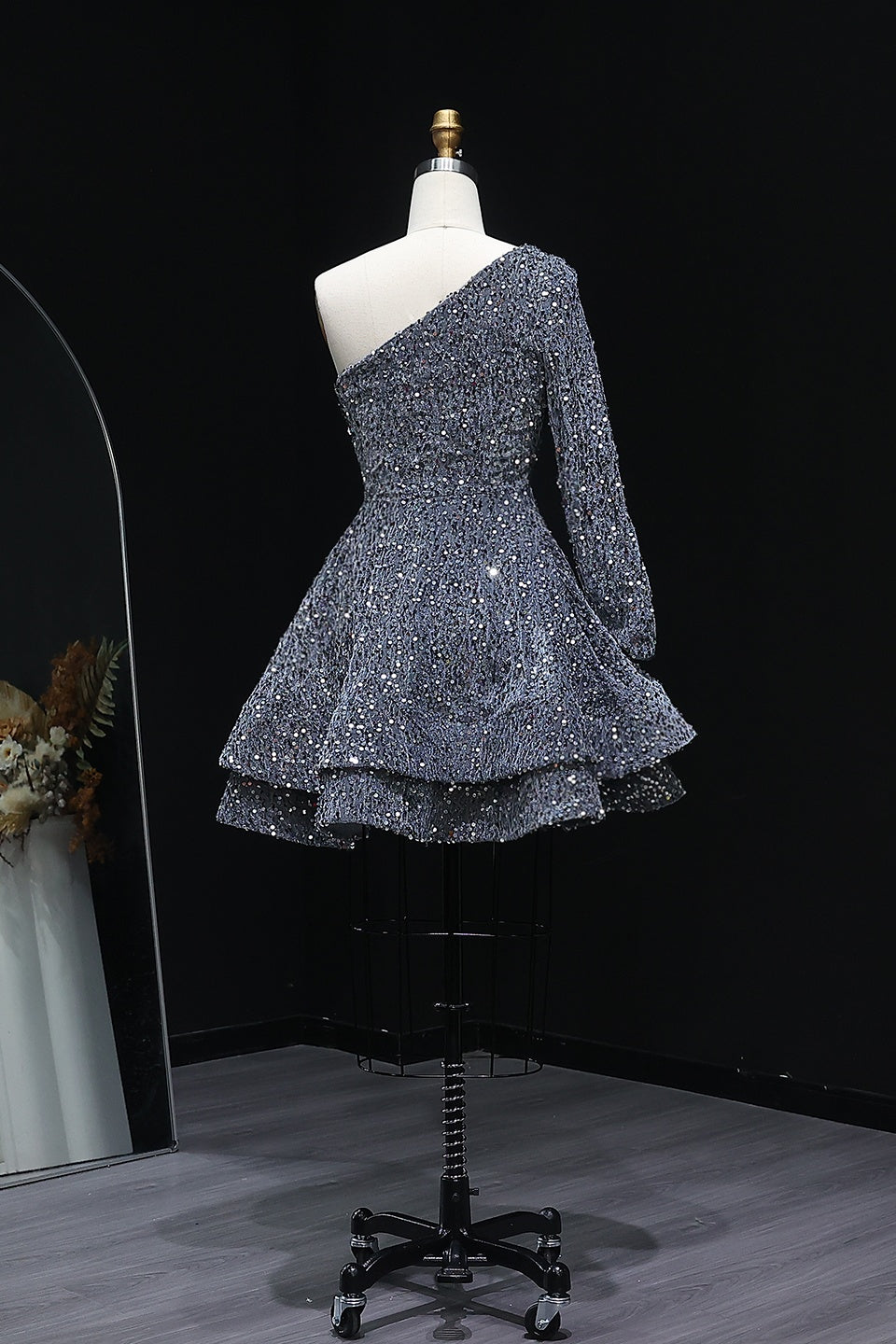 Sequined One-Shoulder Long Sleeve Tiered Homecoming Dress RM106