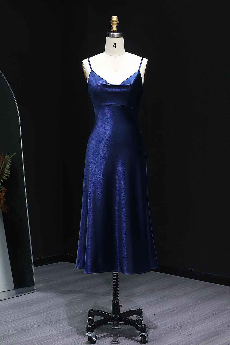 Navy Blue Satin Spaghetti Strap Midi Homecoming Dress RM107