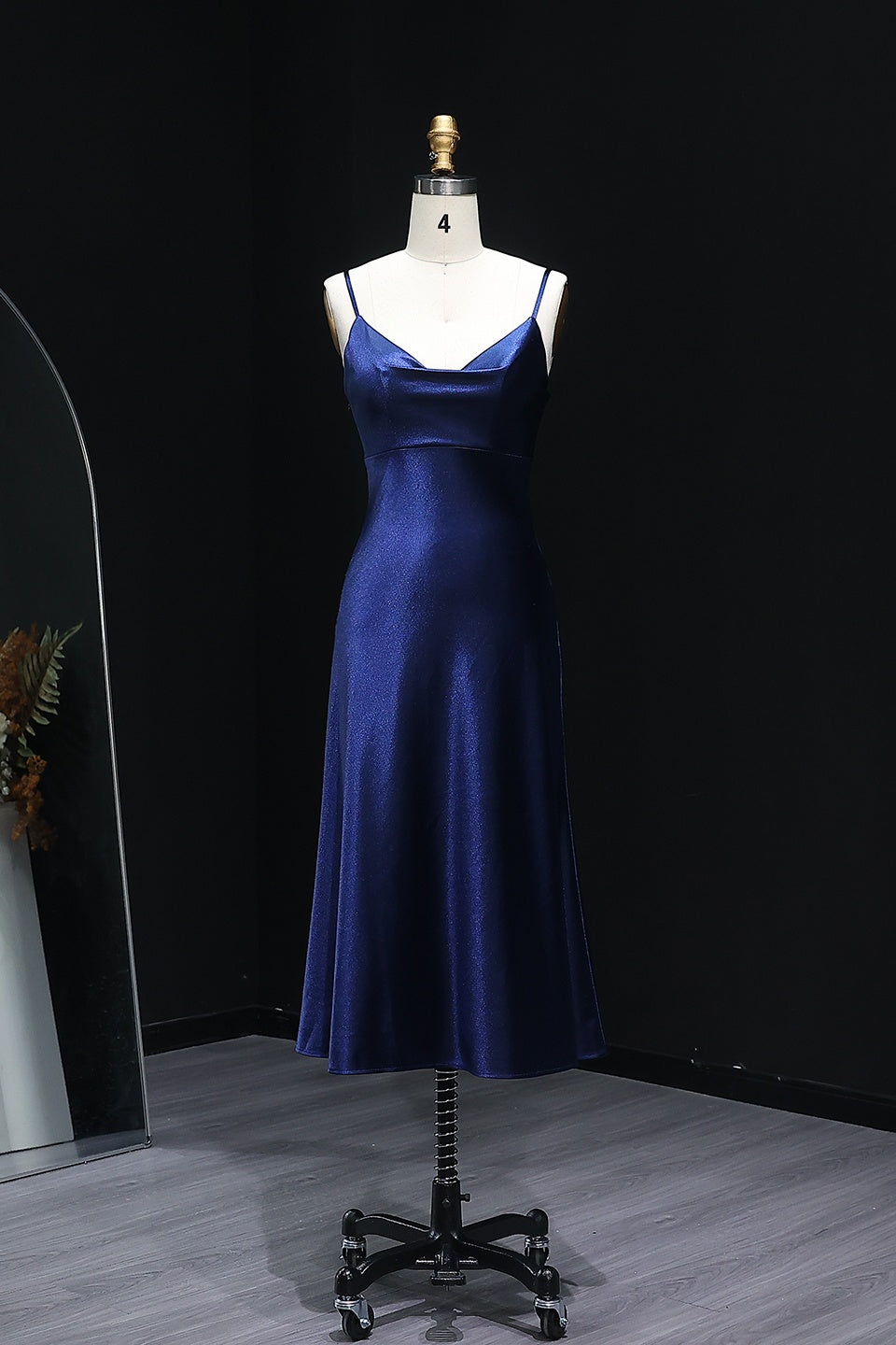 Navy Blue Satin Spaghetti Strap Midi Homecoming Dress RM107