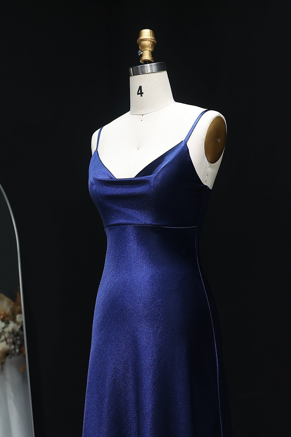 Navy Blue Satin Spaghetti Strap Midi Homecoming Dress RM107