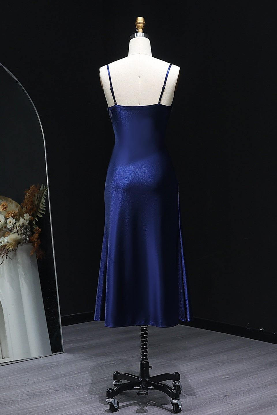 Navy Blue Satin Spaghetti Strap Midi Homecoming Dress RM107