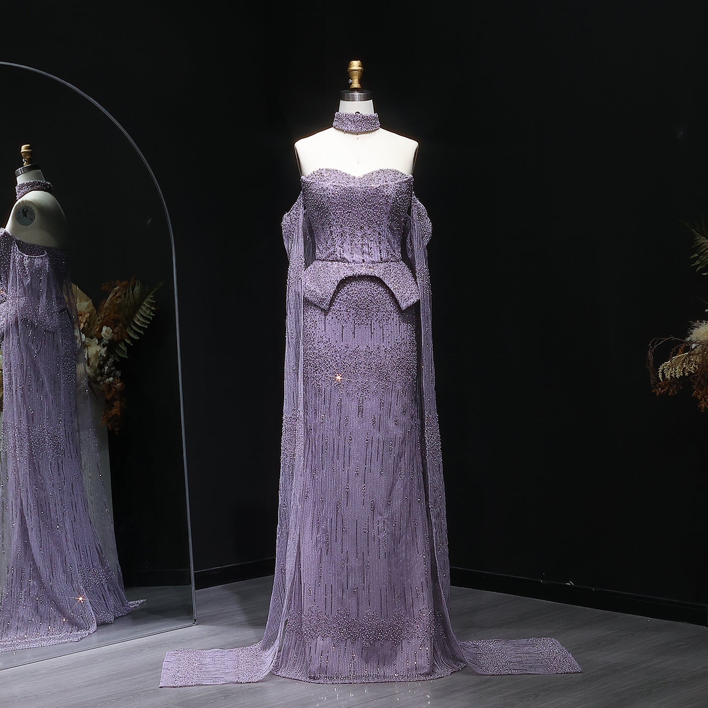 Gold Beaded Off-the-Shoulder Peplum Mermaid Evening Gown with Cape Sleeves & Choker SS558 Sheer Fairy