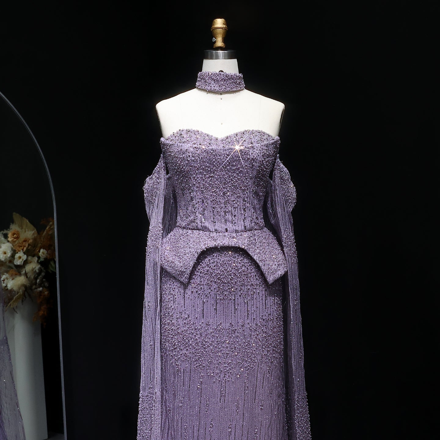 Gold Beaded Off-the-Shoulder Peplum Mermaid Evening Gown with Cape Sleeves & Choker SS558 Sheer Fairy