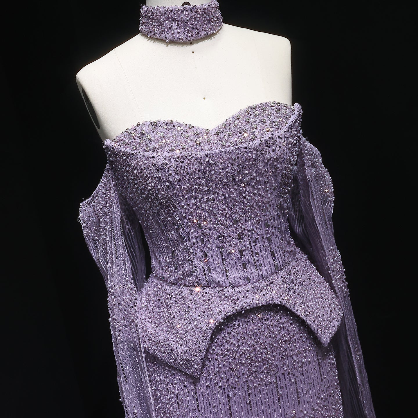 Gold Beaded Off-the-Shoulder Peplum Mermaid Evening Gown with Cape Sleeves & Choker SS558 Sheer Fairy