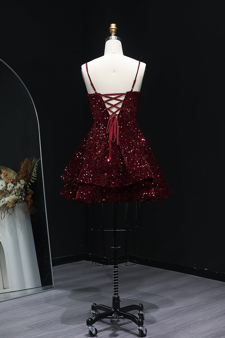 Sequined V-Neck Tiered Mini Ballgown Homecoming Dress RM108