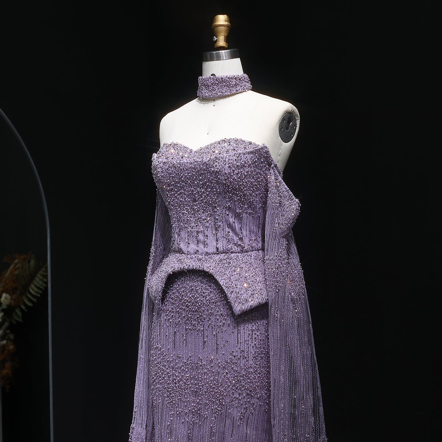 Gold Beaded Off-the-Shoulder Peplum Mermaid Evening Gown with Cape Sleeves & Choker SS558 Sheer Fairy